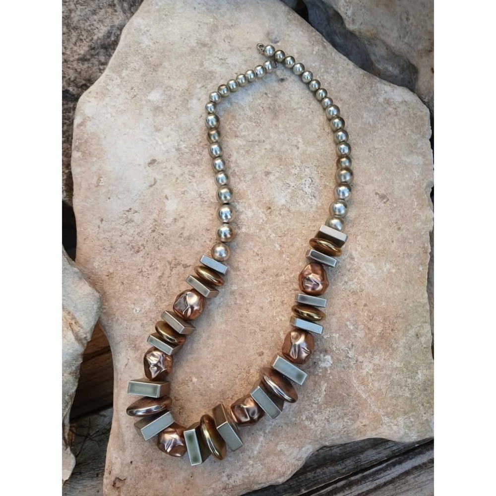 Vintage Necklace Faux Metal Chunky Geometric Statement Beaded 23"
